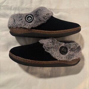 CLARKS SUEDE FANCY FUR BUTTON CLOG